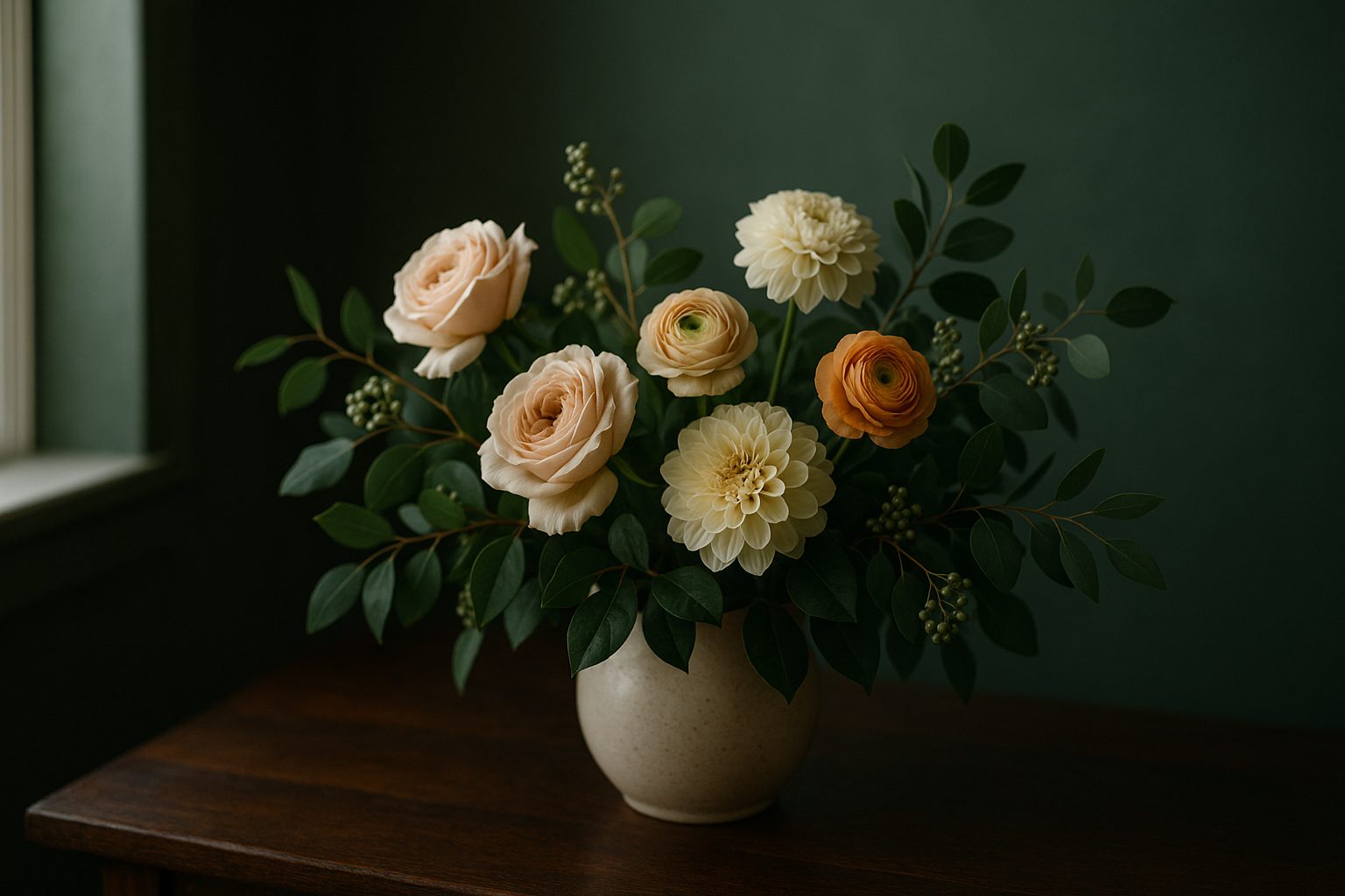 Lush floral arrangement with garden roses and Pacific Northwest greenery