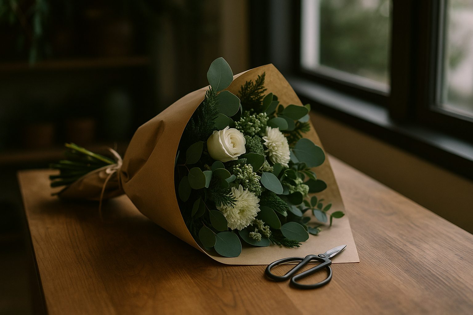 Hand-tied bouquet wrapped in kraft paper
