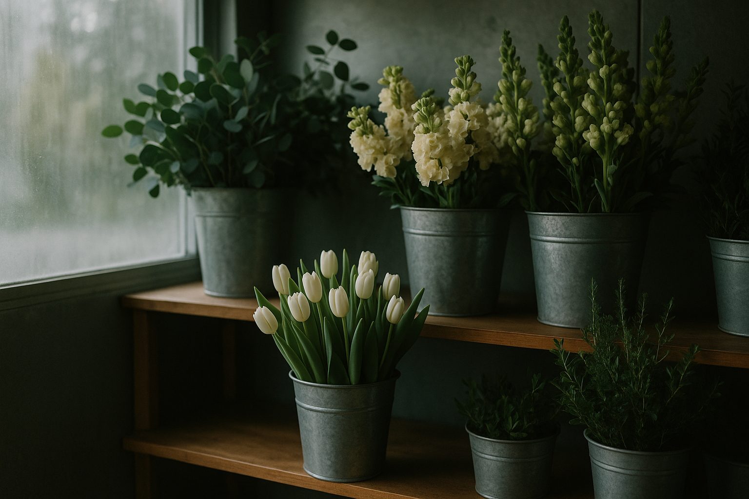 Walk-in cooler with buckets of fresh-cut stems