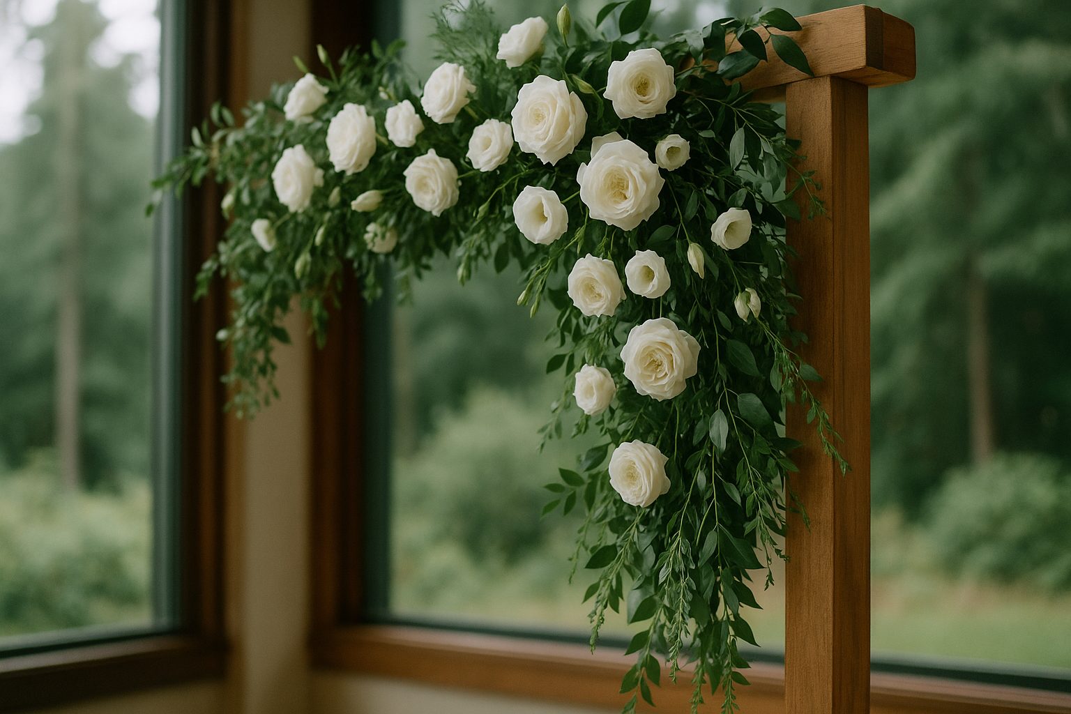 Wedding arch covered in white florals and greenery
