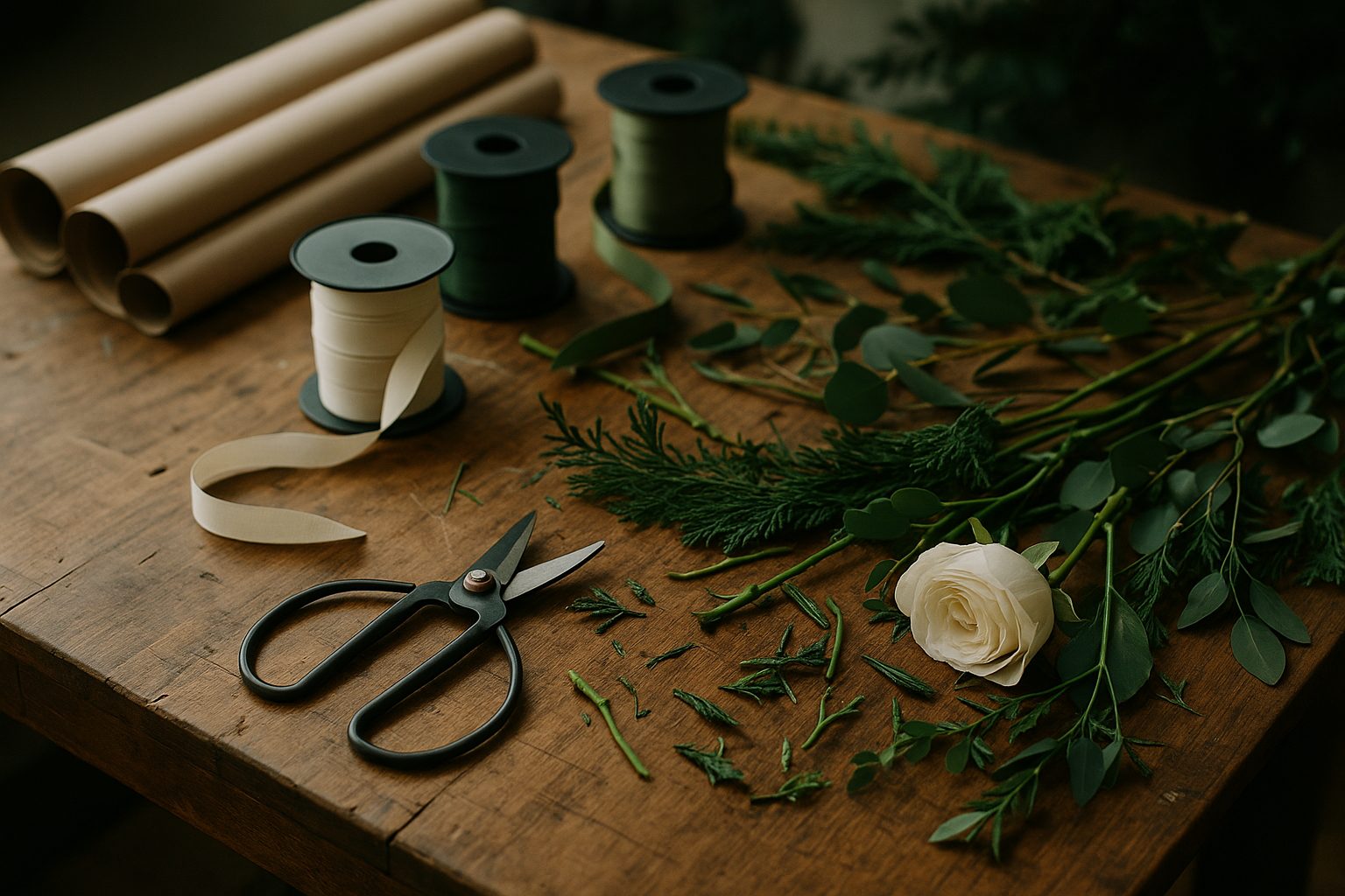 Florist workbench with shears, ribbon and kraft paper